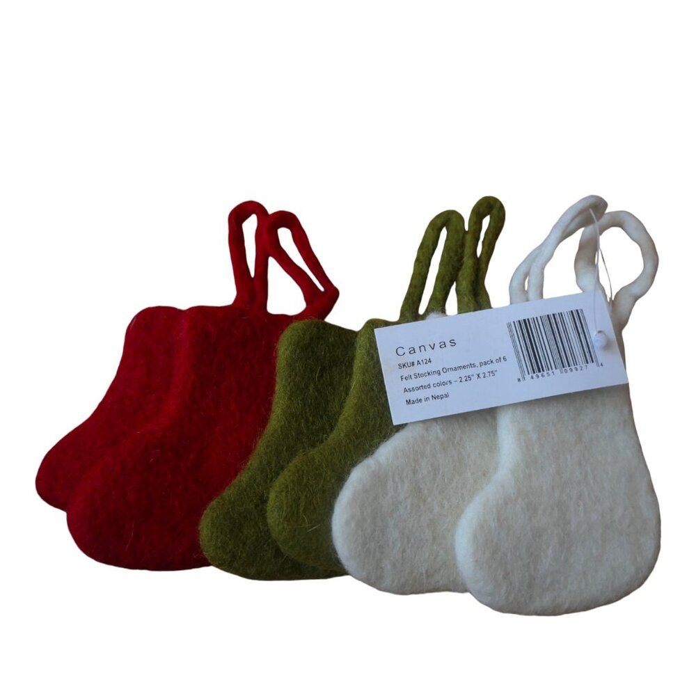 Canvas- Felt stocking Ornaments, pack of 6-2 sets available-New
